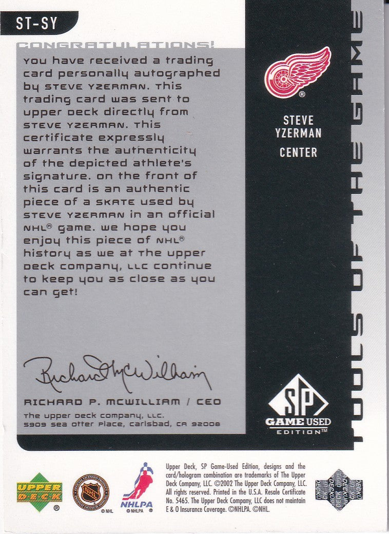 STEVE YZERMAN 2001-02 SP Game Used Tools of the game autographed SKATE 24/100 ST-SY Detroit Red Wings