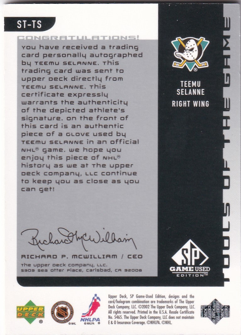 TEEMU SELANNE 2001-02 SP Game Used Tools of the game autographed Glove 01/100 ST-TS