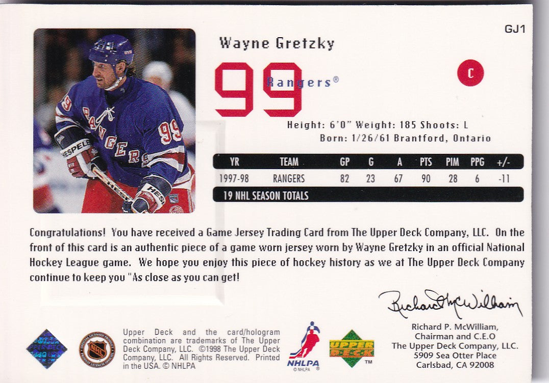 WAYNE GRETZKY 1998-99 Upper Deck Game Jersey Card GJ1 New York Rangers