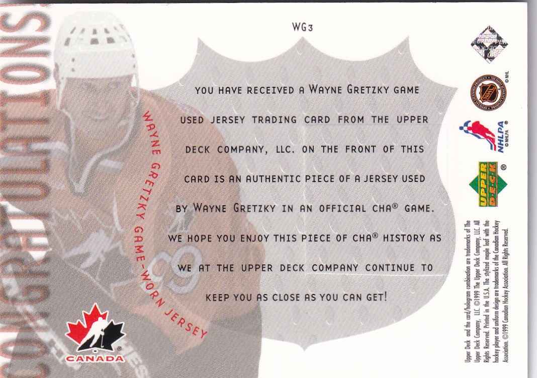 WAYNE GRETZKY 1999-00 Upper Deck Game Jersey Card WG3 Team Canada CHA