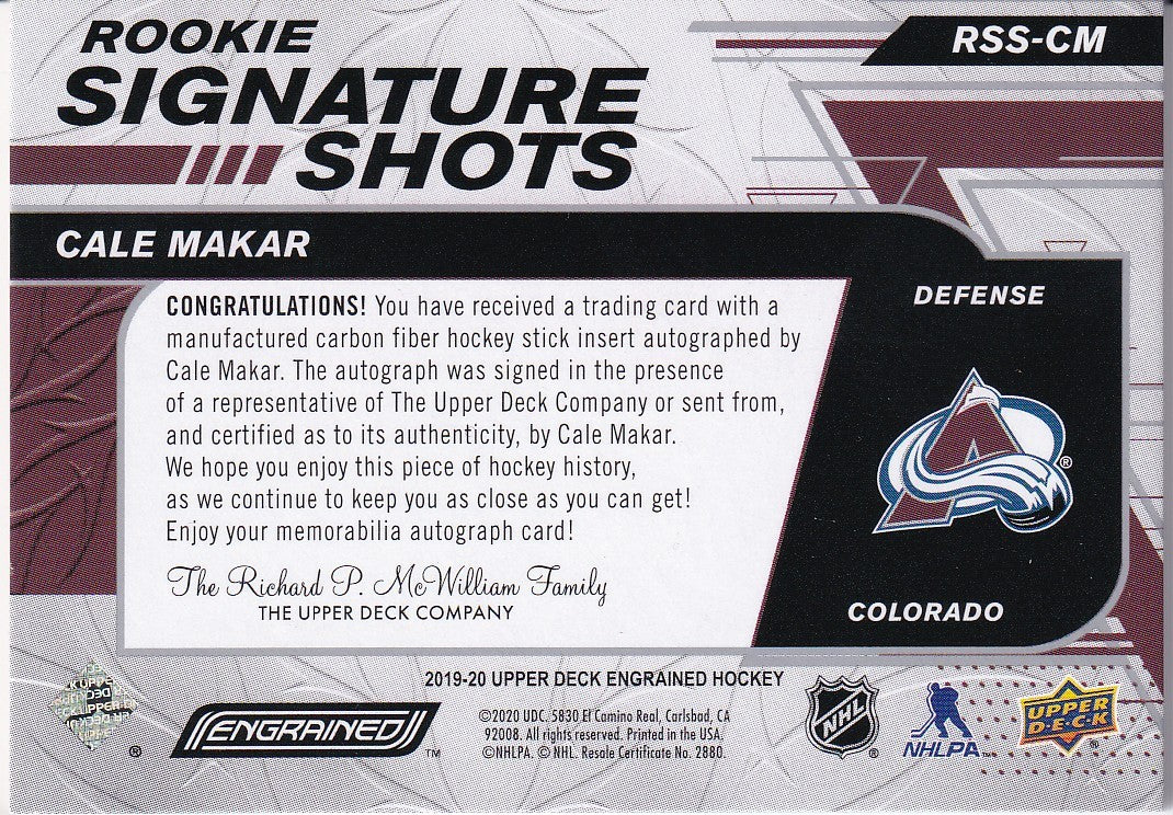 Cale Makar 2018-19 UD Engrained Rookie Signature Shots Card 118/149 Colorado Avalanche #RSS-CM