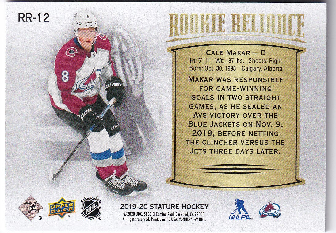 Cale Makar 2018-19 UD Stature Rookie Reliance Card Gold #RR-12 Colorado Avalanche