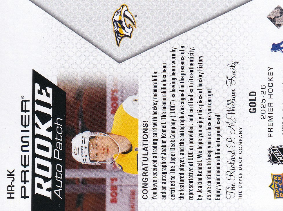 Joakim Kemall 2025-26 UD Premier Premier Rookie Auto Patch Gold 04/25 Nashville Predators 04/25 RC