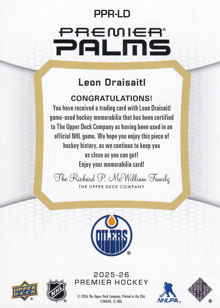 LEON DRAISAITL 2025-26 UD Premier Palms Glove 18/20 Edmonton Oilers PPA-LD Patch