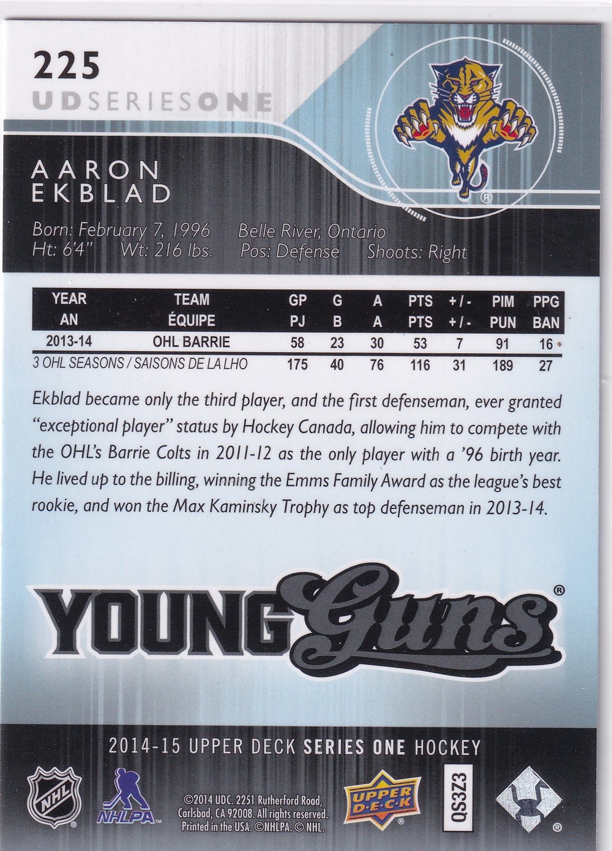 2014-15 Upper Deck Series One Aaron Ekblad Young Guns #225