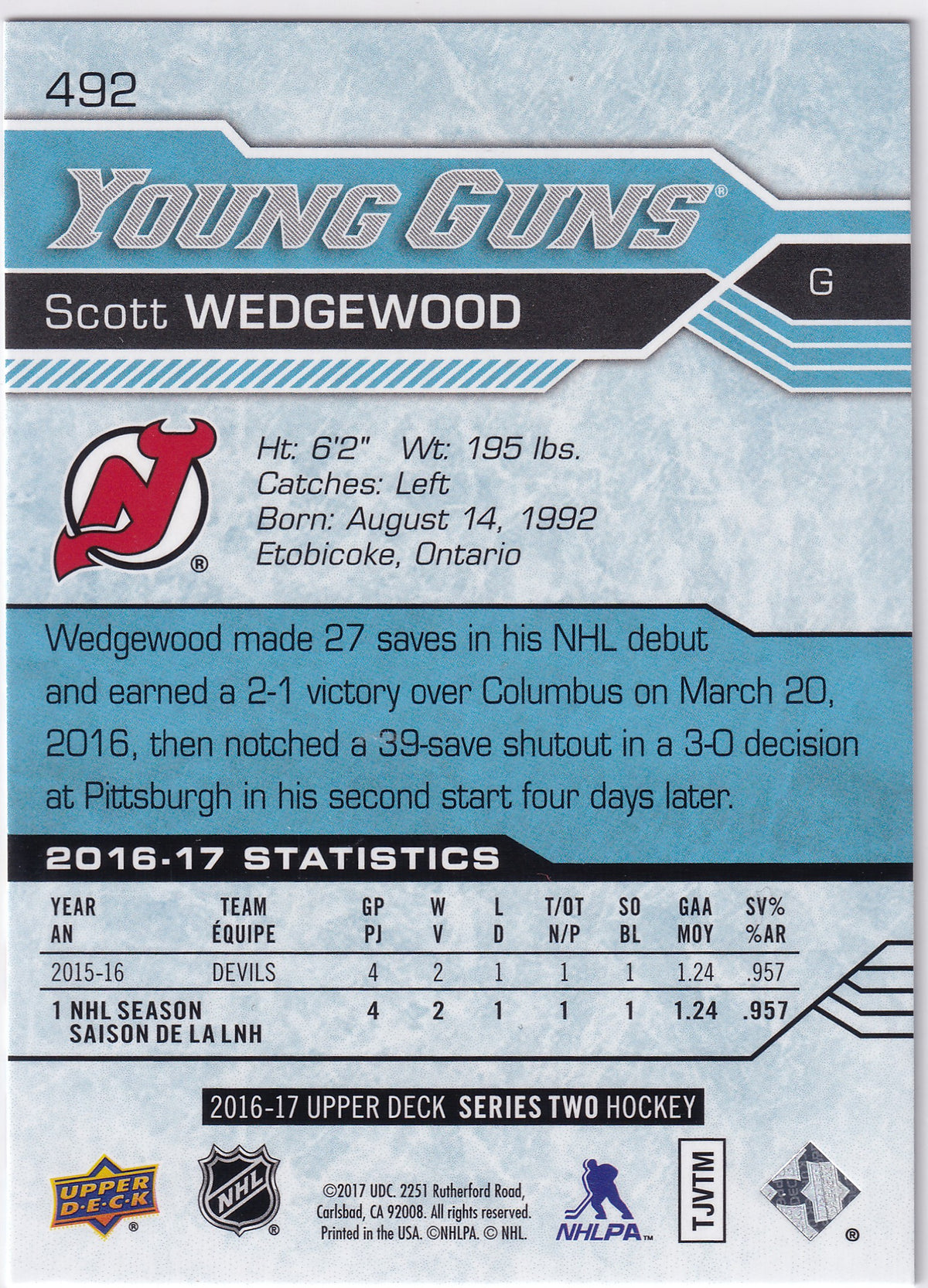 2016-17 Upper Deck Series Two Scott Wedgewood Young Guns #492