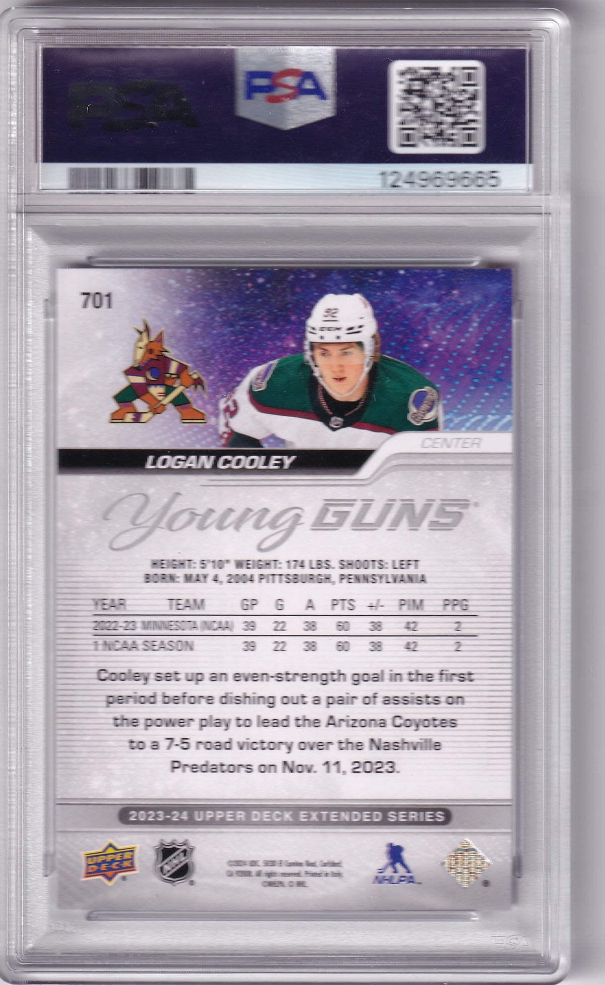2023-24 Upper Deck Extended Logan Cooley Young Guns #701 PSA 9