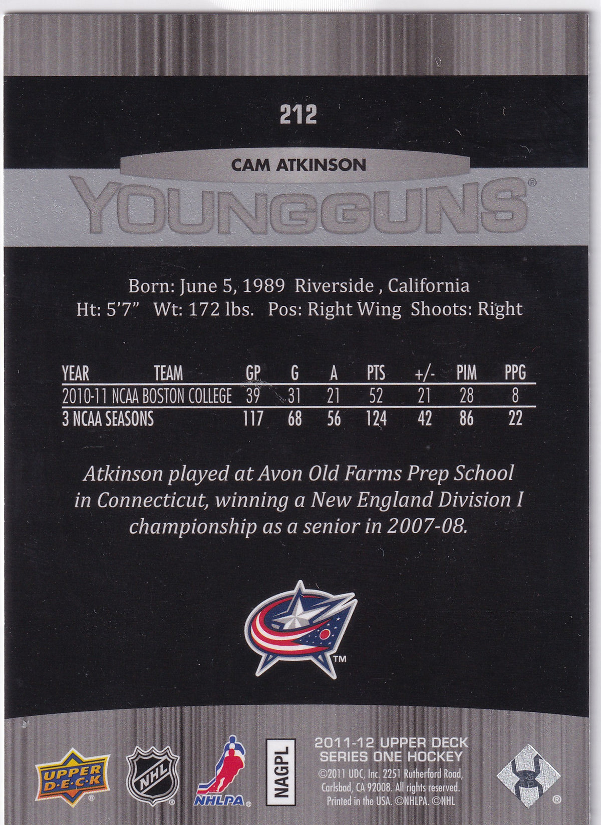 2011-12 Upper Deck Series One Cam Atkinson Young Guns #212