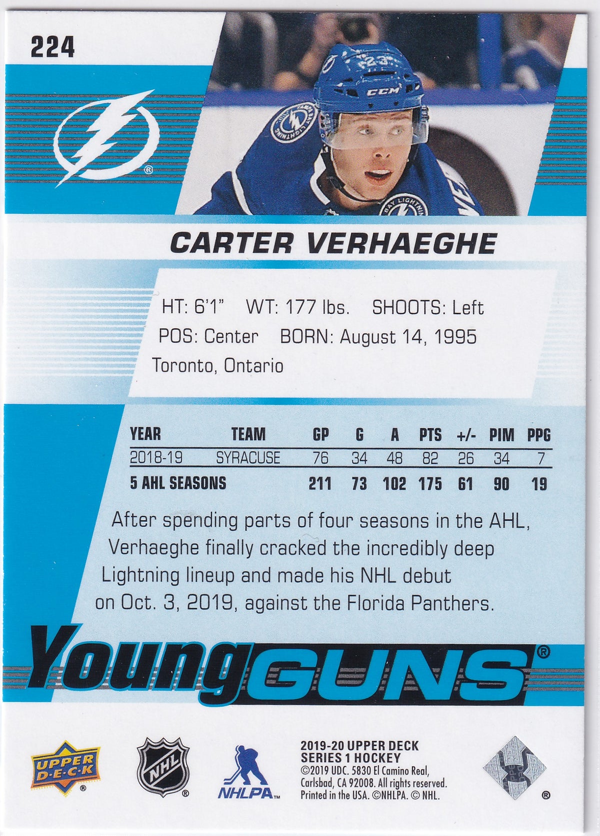 2019-20 Upper Deck Series One Carter Verhaeghe Young Guns #224