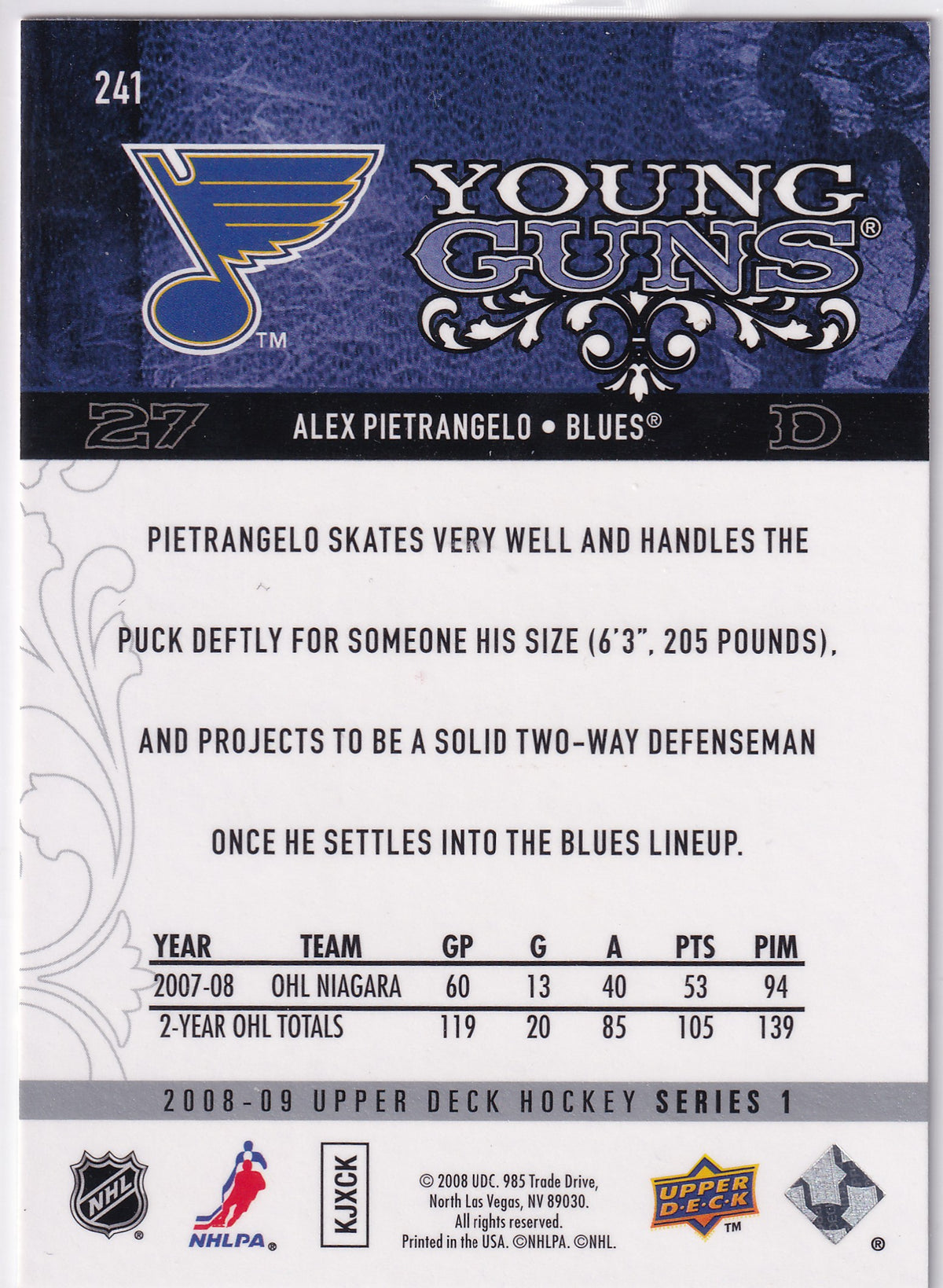 2008-09 Upper Deck Series One Alex Pietrangelo Young Guns #241