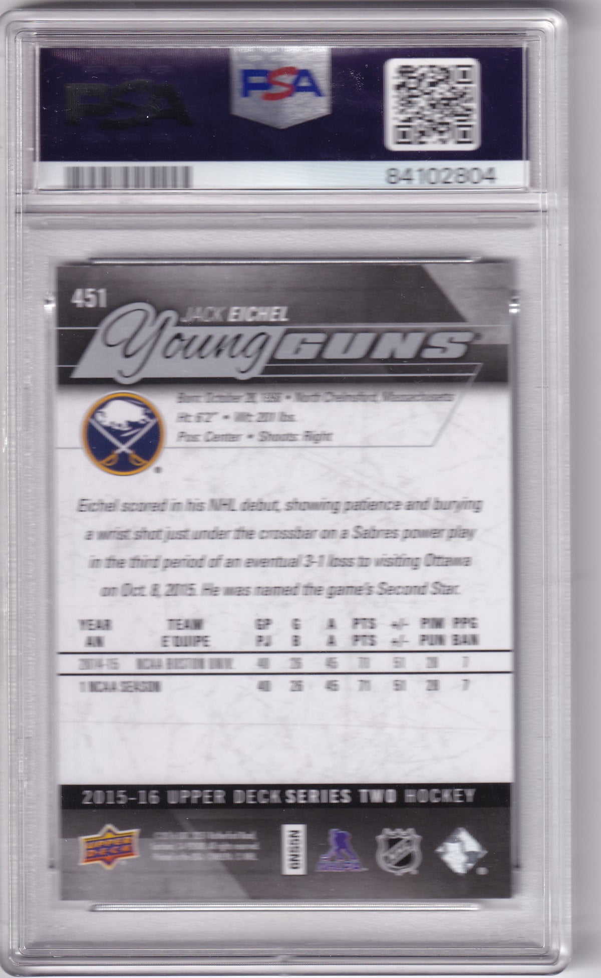 2015-16 Upper Deck Series Two Jack Eichel Young Guns #451 PSA 6
