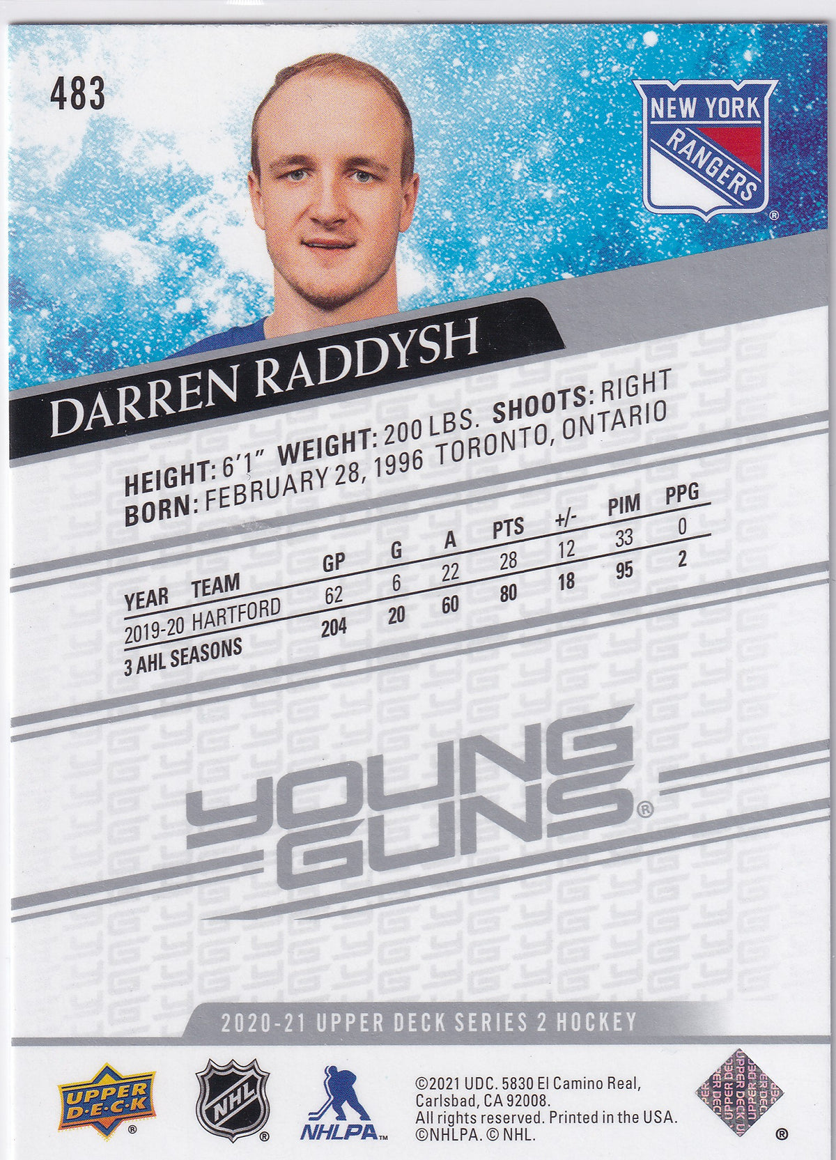 2020-21 Upper Deck Series Two Darren Raddysh Young Guns #483