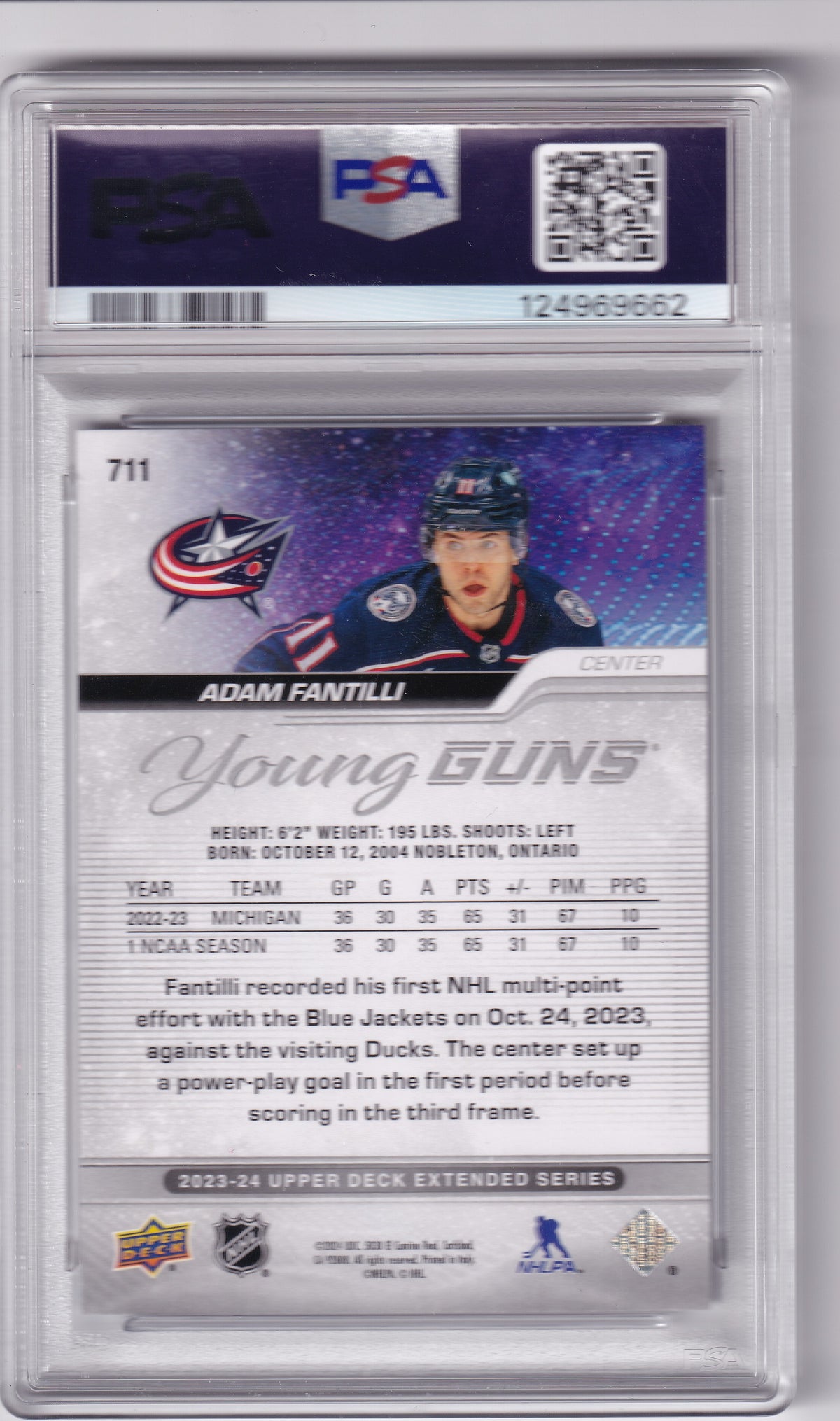 2023-24 Upper Deck Extended Adam Fantili Young Guns #711 PSA 9