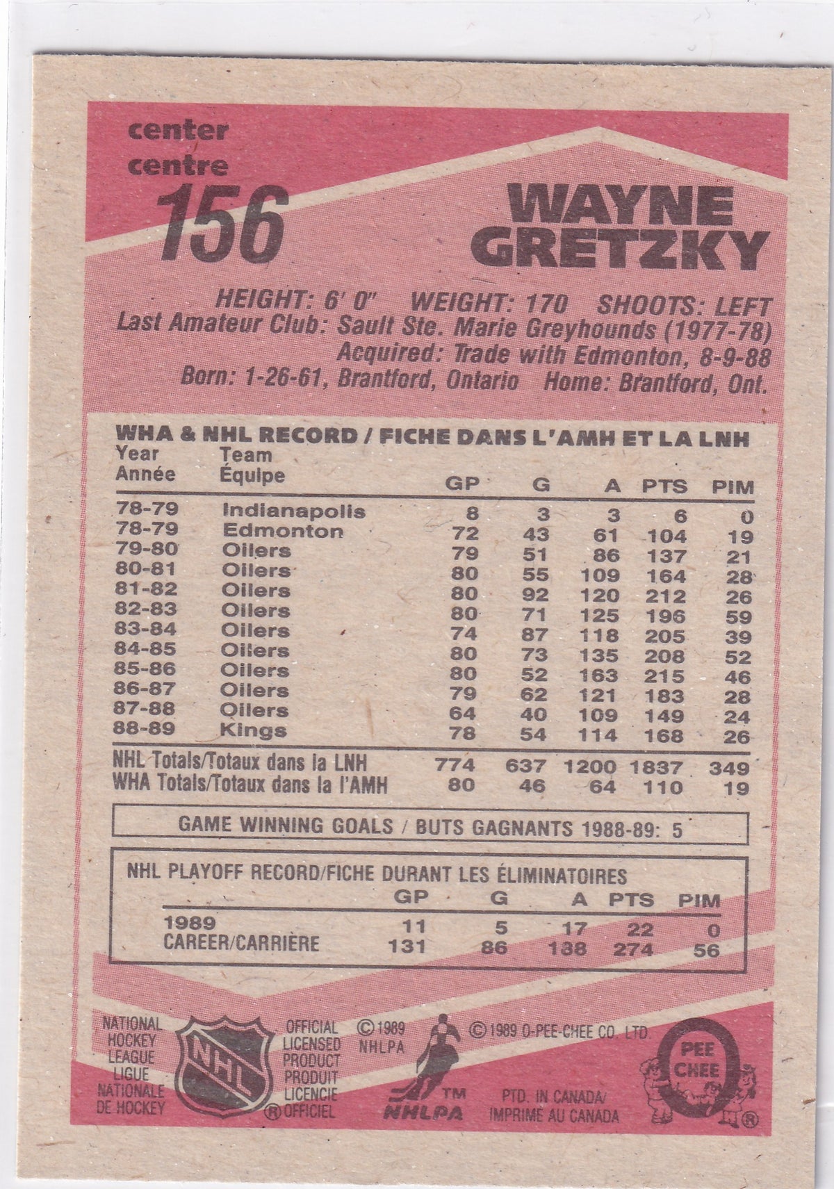1989-90 O-Pee-Chee Wayne Gretzky #156