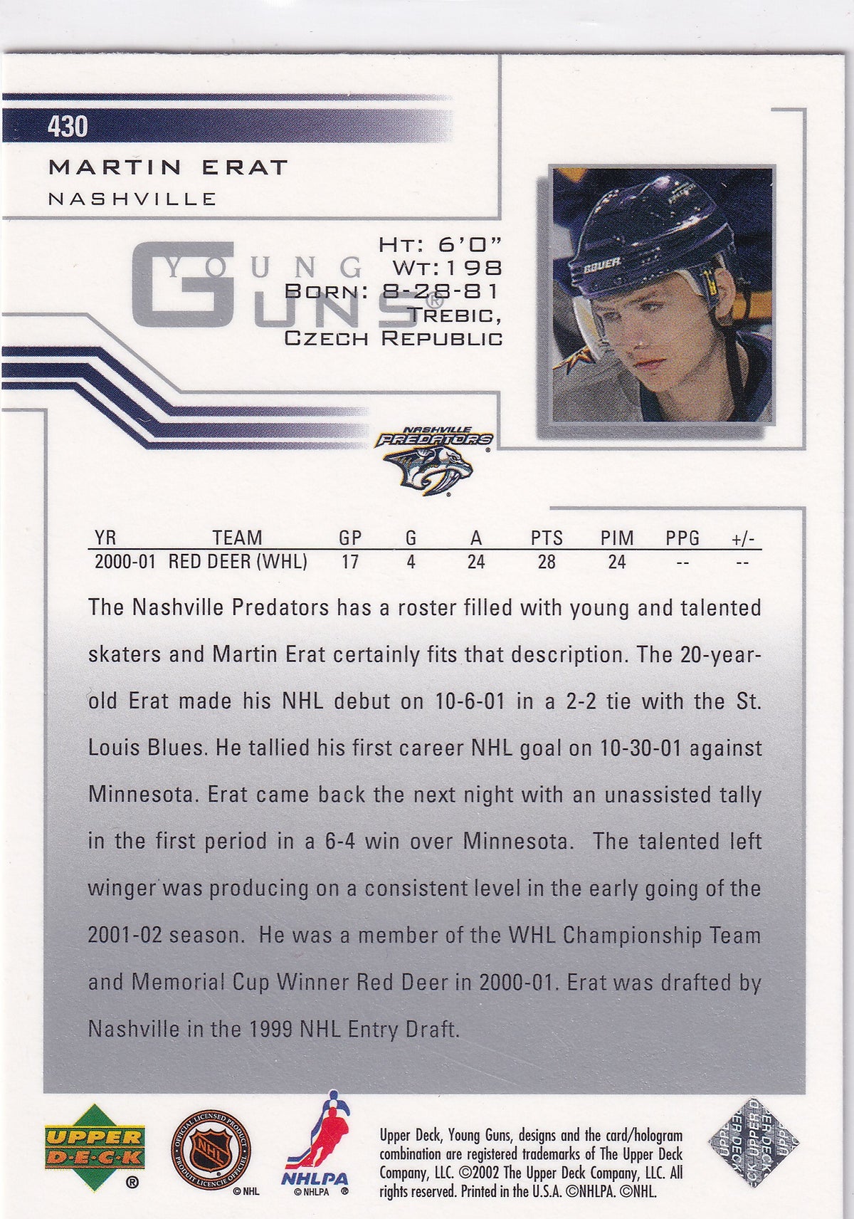 2002-03 Upper Deck Martin Erat Young Guns #430