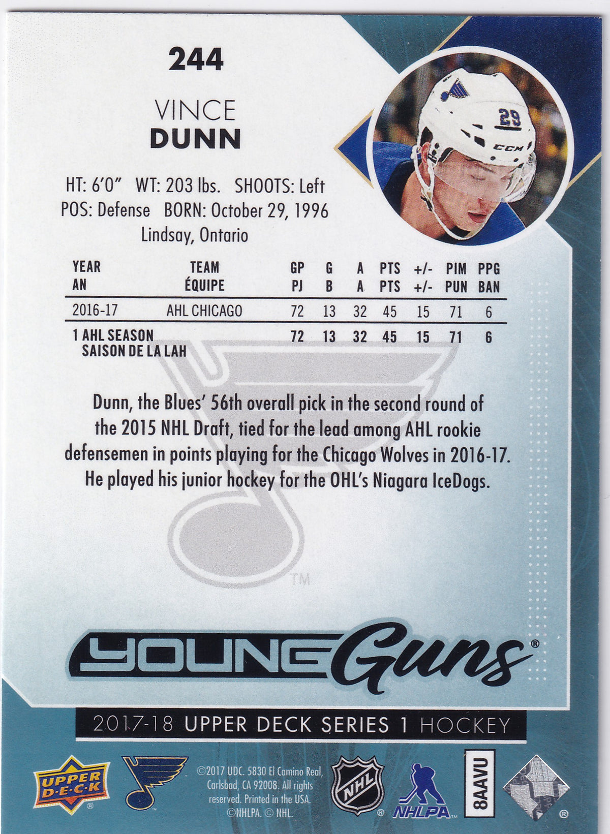 2017-18 Upper Deck Series One Vince Dunn Young Guns #244