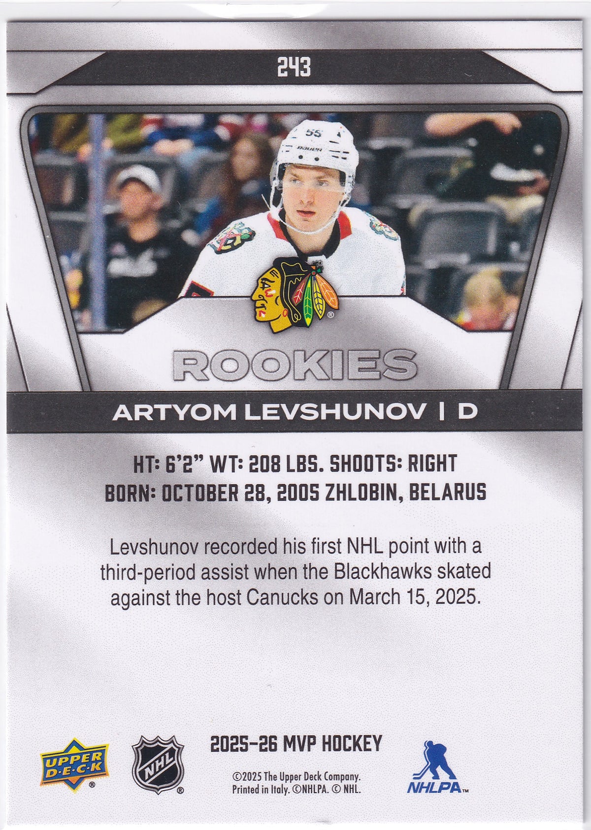 2025-26 Upper Deck MVP Silver Collection Artyom Levshunov Rookie #243