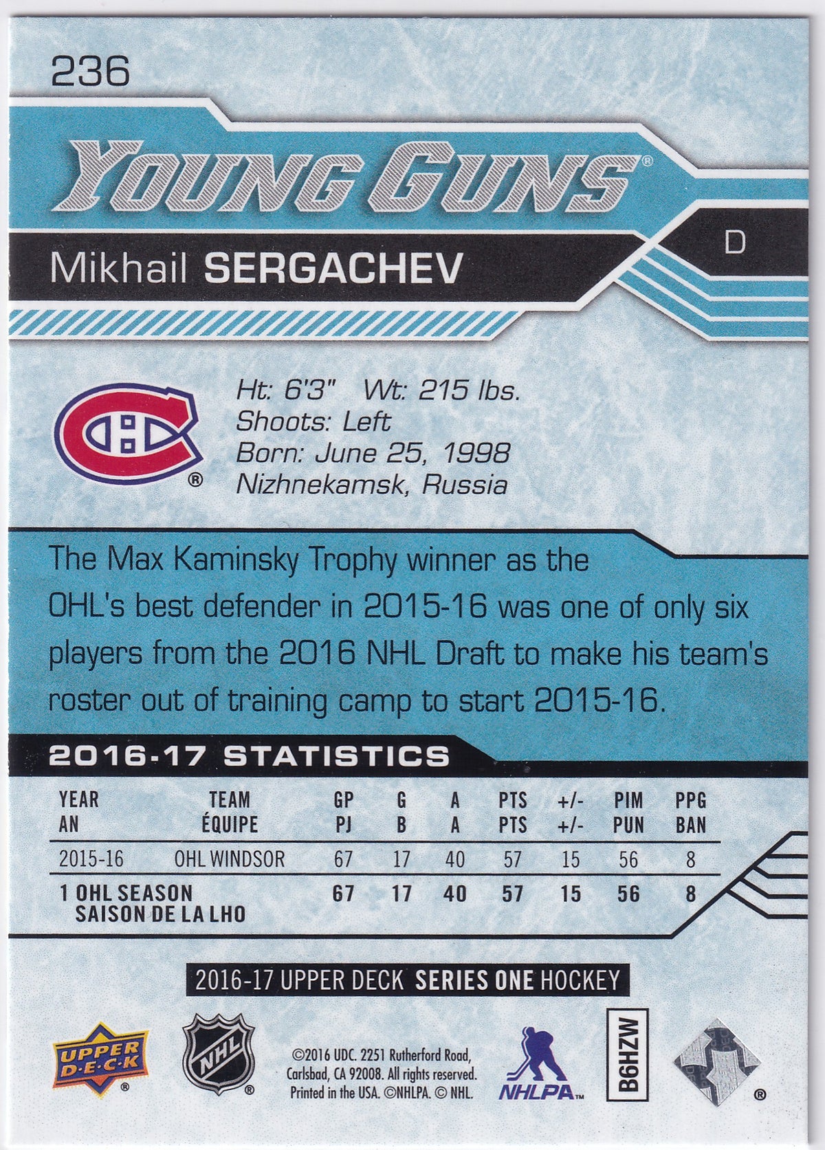 2016-17 Upper Deck Series One Mikhail Sergachev Young Guns #236