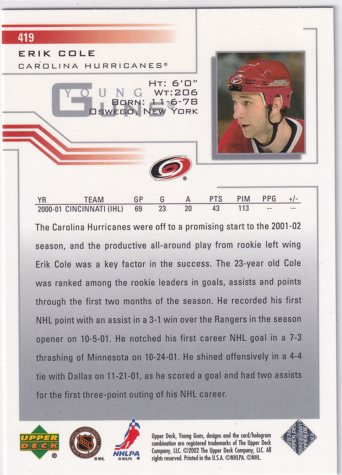 2002-03 Upper Deck Erik Cole Young Guns #419