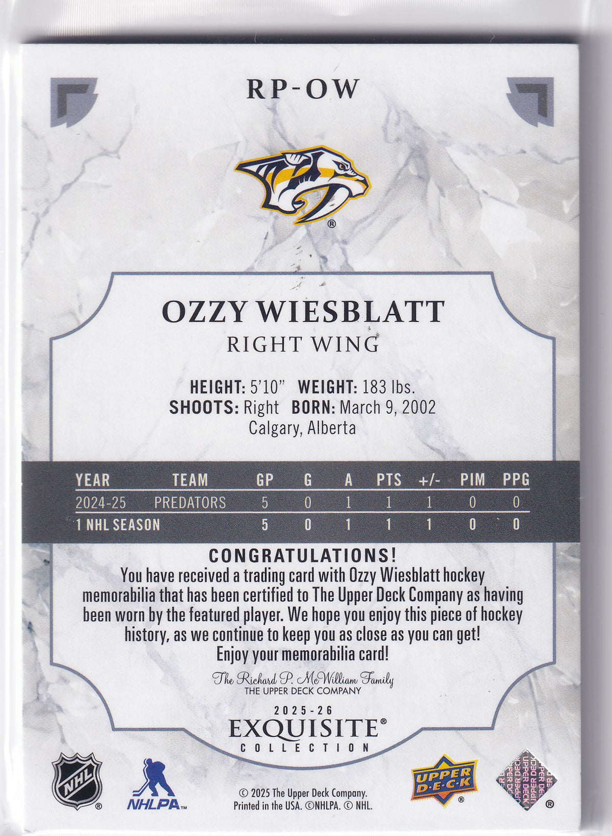 2025-26 Black Diamond Hockey Ozzy Wiesblatt Exquisite Collection Rookie Patch 40/99 RP-OW