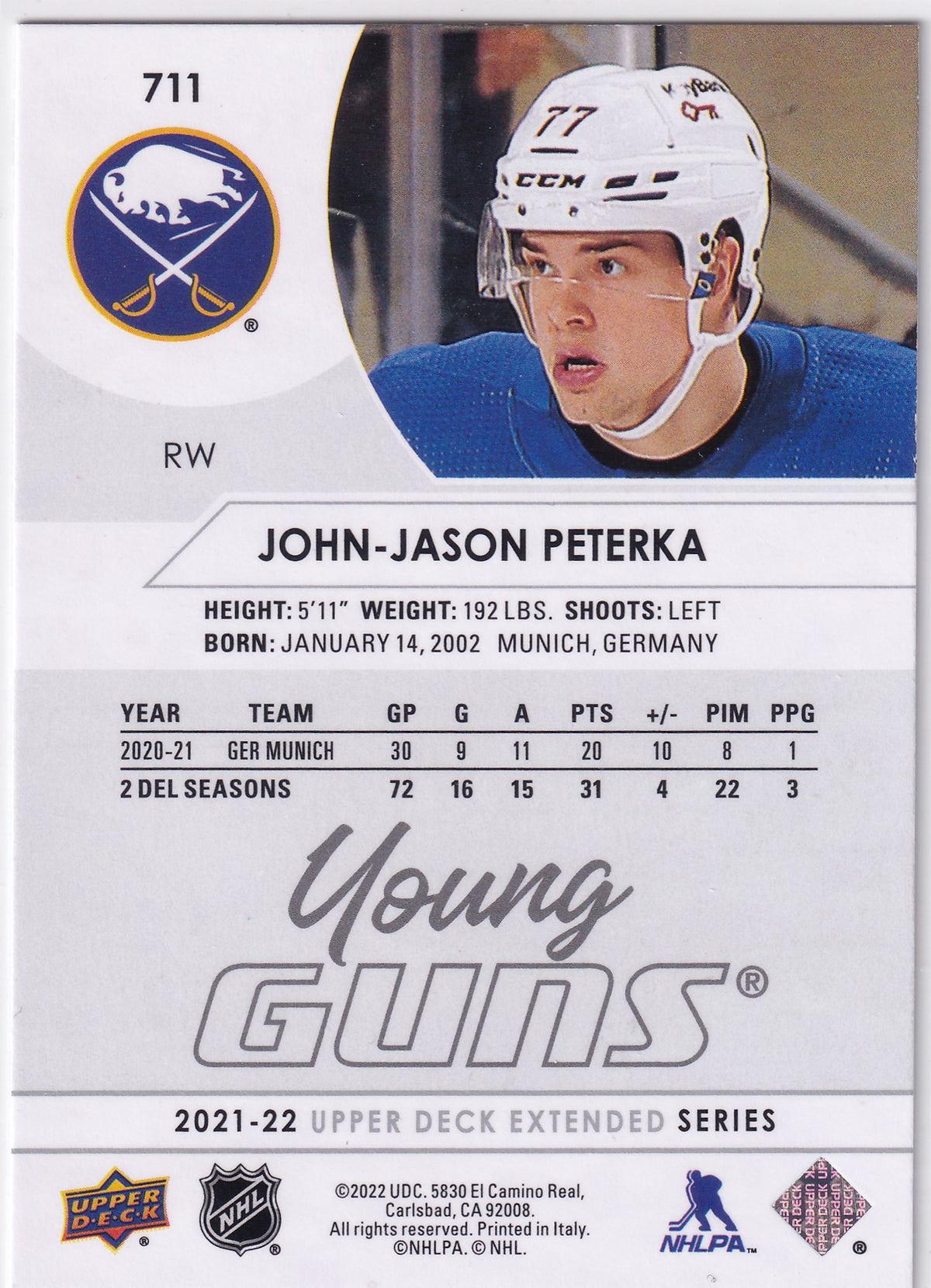 2021-22 Upper Deck Extended John-Jason Peterka Young Guns #711