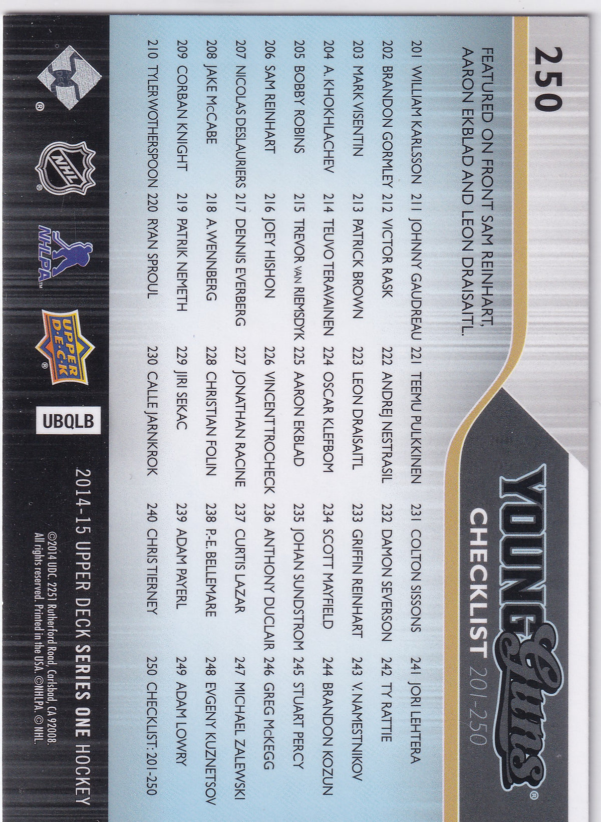 2014-15 Upper Deck Series One Young Guns Checklist #250