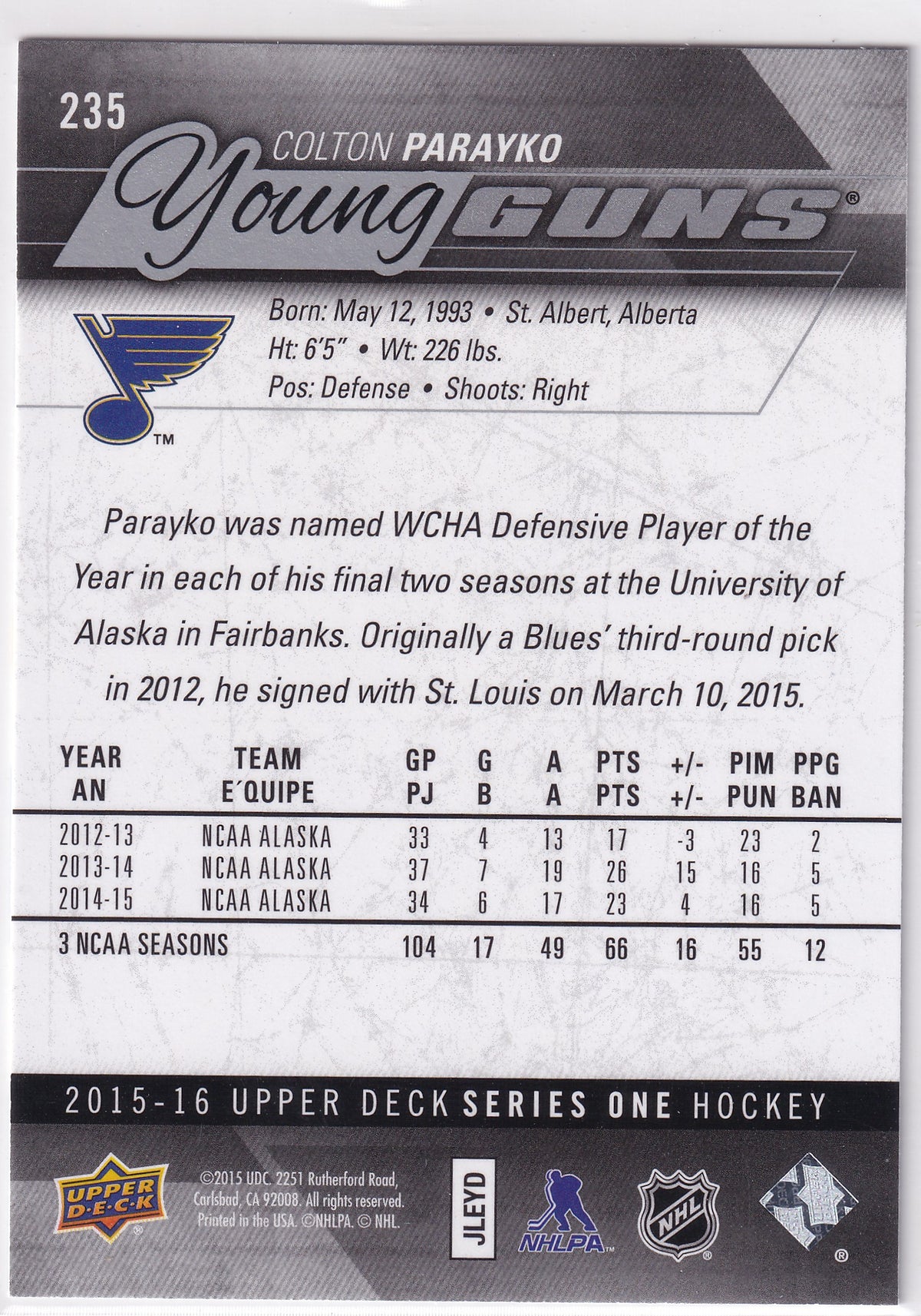 2015-16 Upper Deck Series One Colton Parayko Young Guns #235