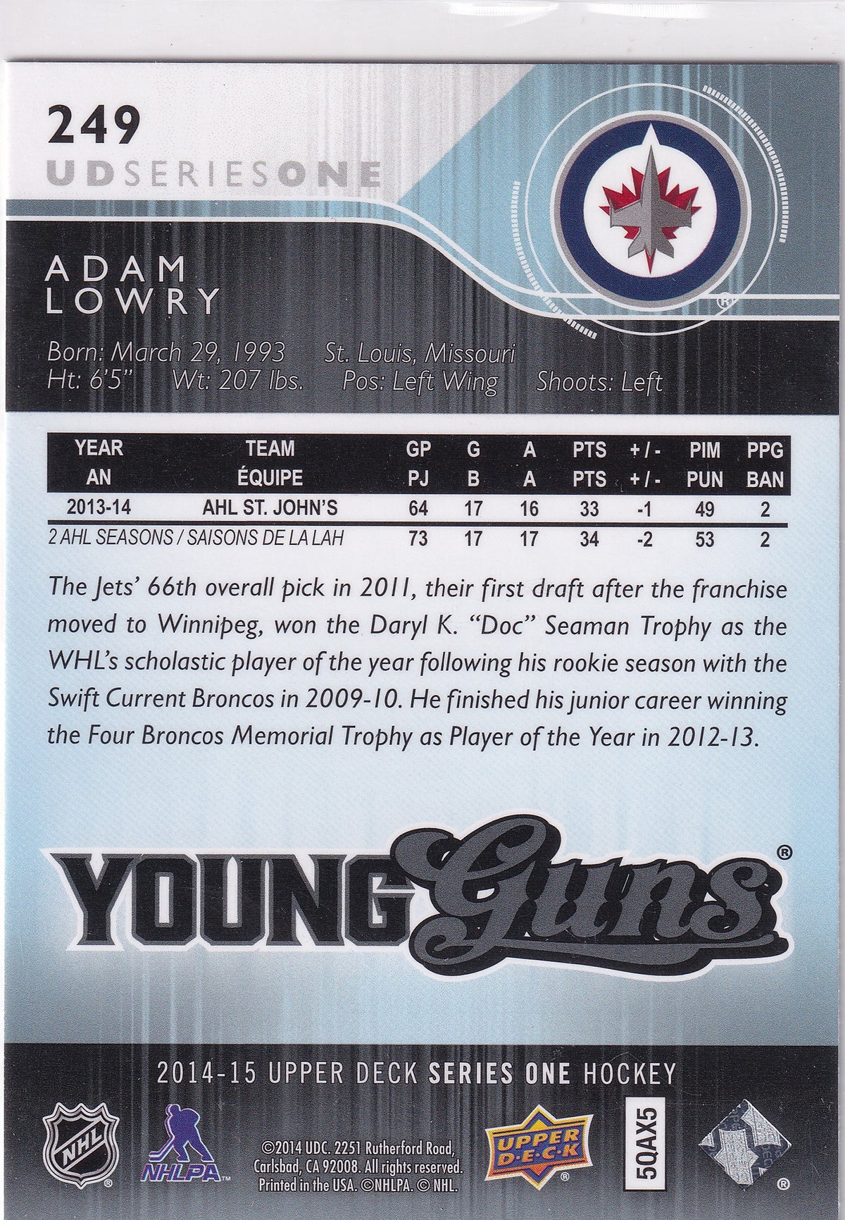2014-15 Upper Deck Series One Adam Lowry Young Guns #249