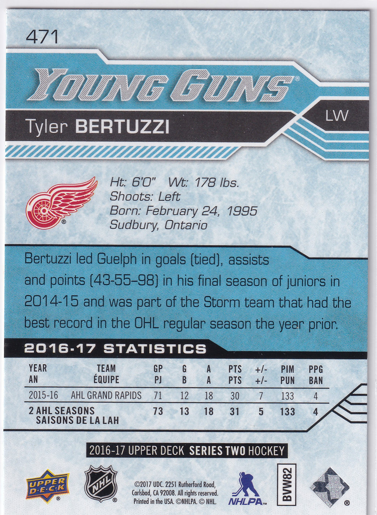 2016-17 Upper Deck Series Two Tyler Bertuzzi Young Guns #471