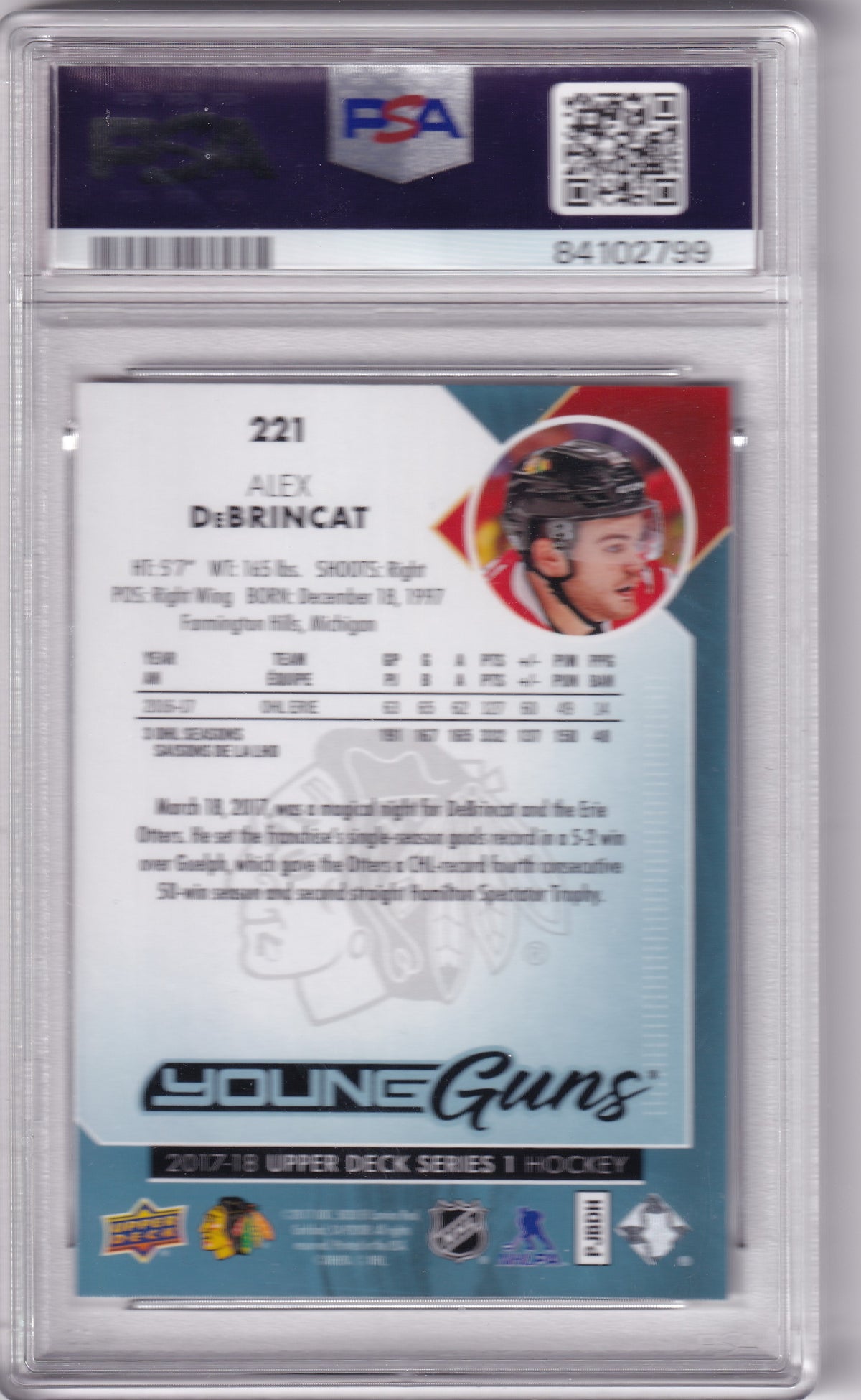 2017-18 Upper Deck Series One Alex DeBrincat Young Guns #221 PSA 5