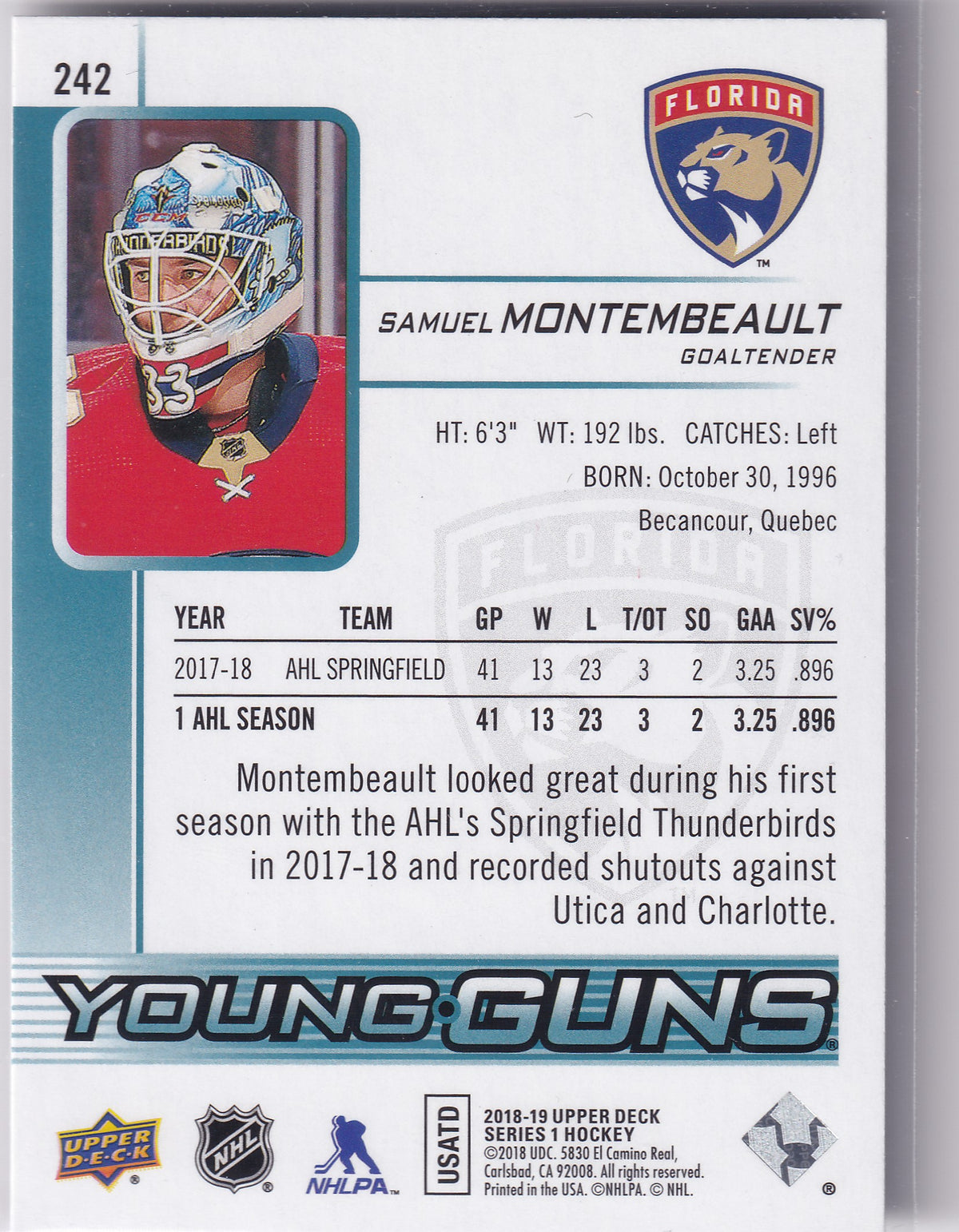 2018-19 Upper Deck Series One Samuel Montembeault Young Guns #242