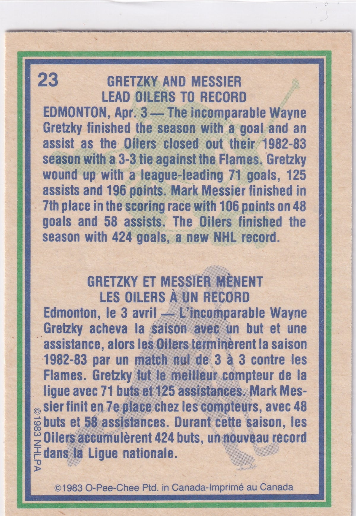 1983-84 O-Pee-Chee Mark Messier Wayne Gretzky Highlight #23