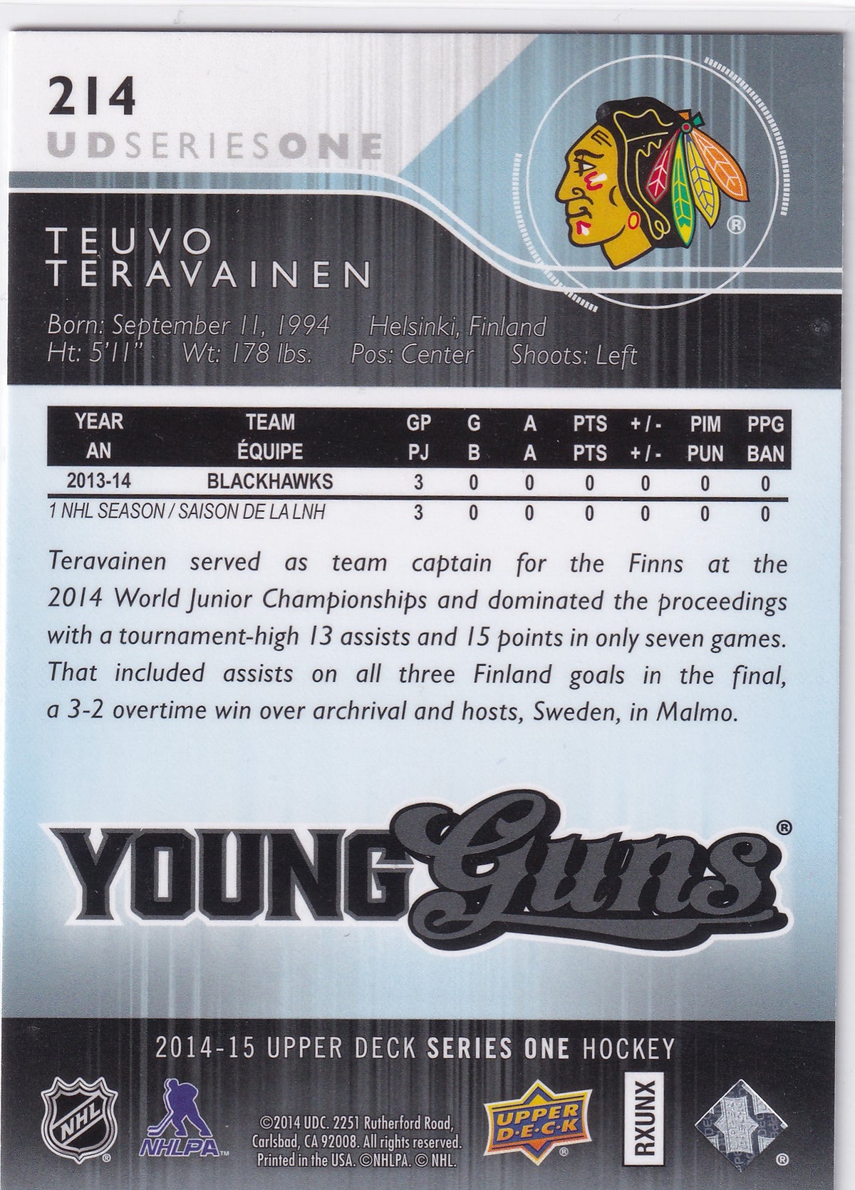 2014-15 Upper Deck Series One Teuvo Teravainen Young Guns #214