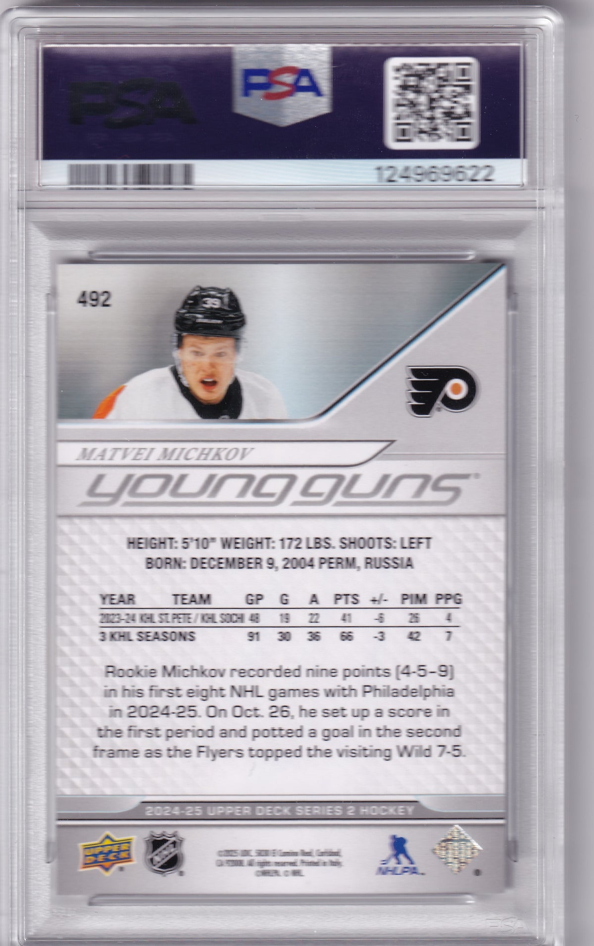 2024-25 Upper Deck Series Two Matvei Michkov Young Guns #492 PSA 8
