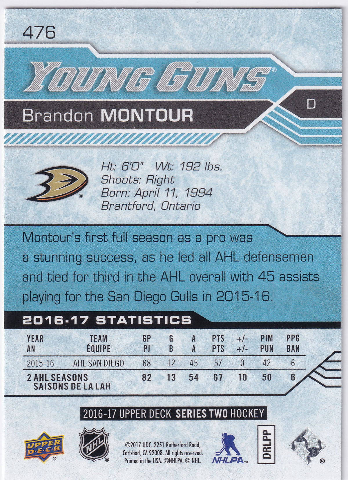 2016-17 Upper Deck Series Two Bandon Montour Young Guns #476