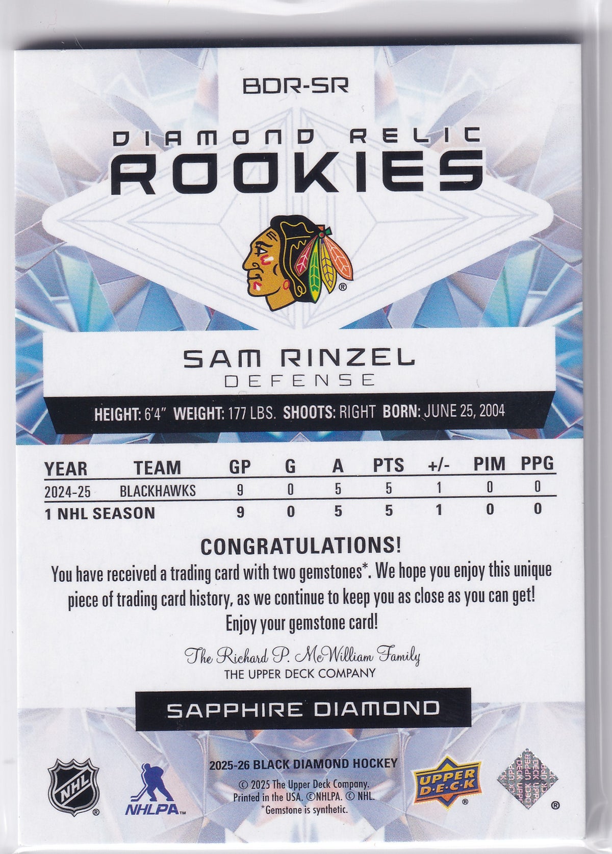 2025-26 Black Diamond Hockey Sam Rinzel Diamond Relic Rookies 4/9 BDR-SR