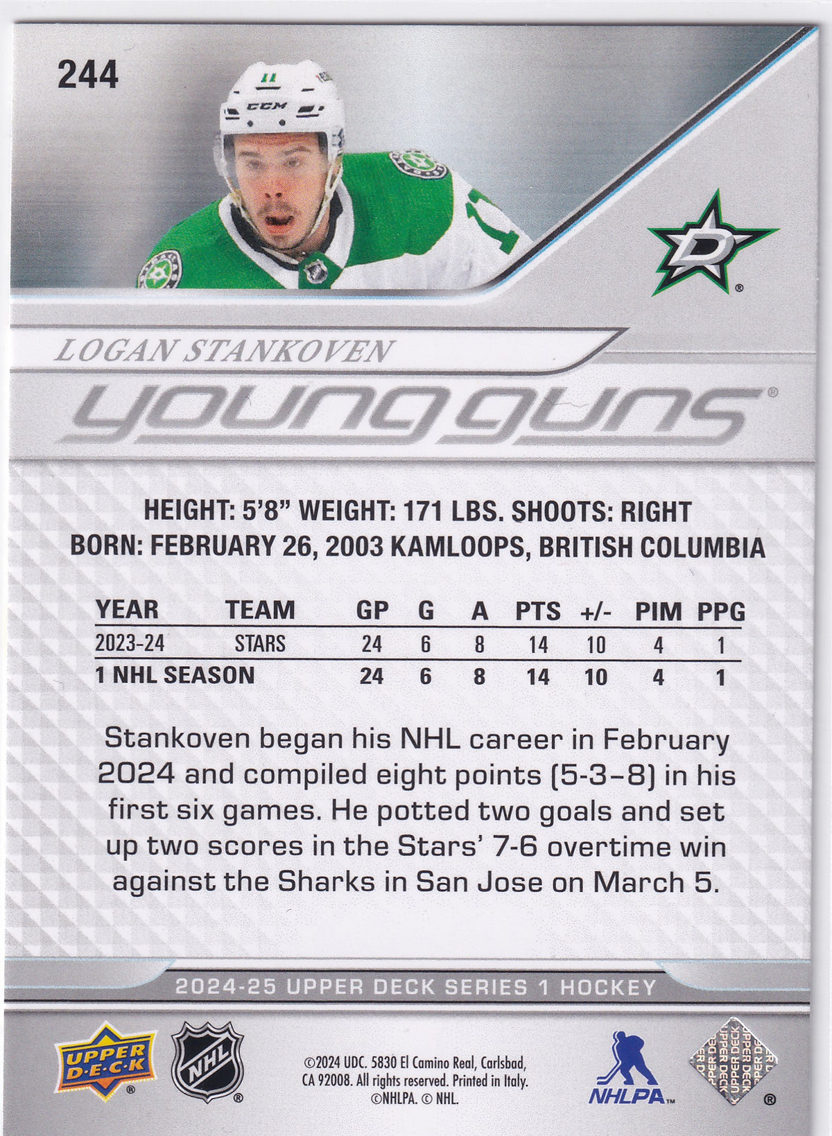 2024-25 Upper Deck Series One Logan Stankoven Young Guns #244