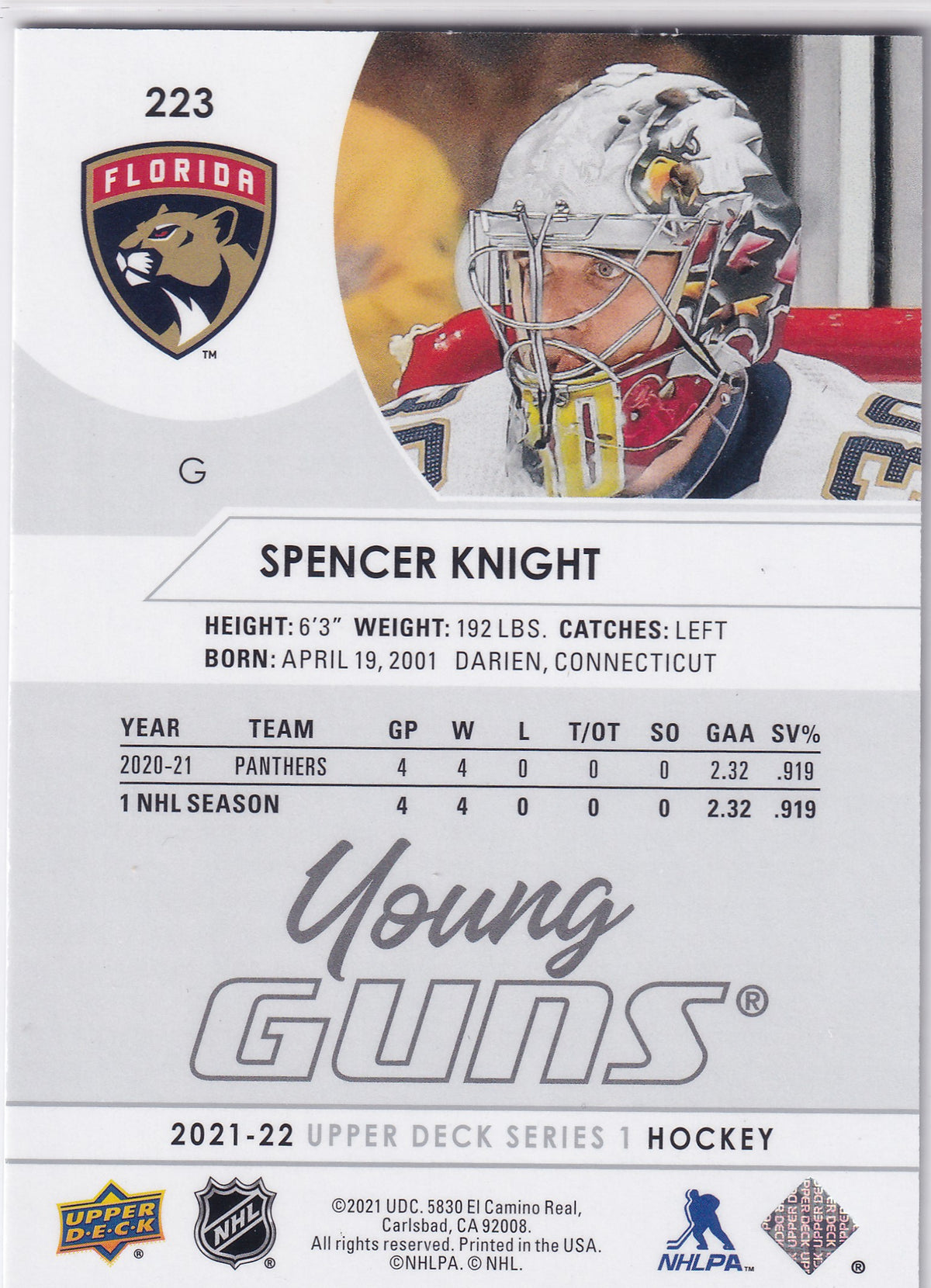 2021-22 Upper Deck Series One Spencer Knight Young Guns #223