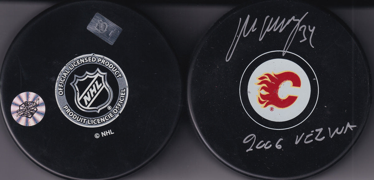 Miikka Kiprusoff Signed Calgary Flames Puck with Inscribed "2006 Vezina" with COA - Autographed - Auto