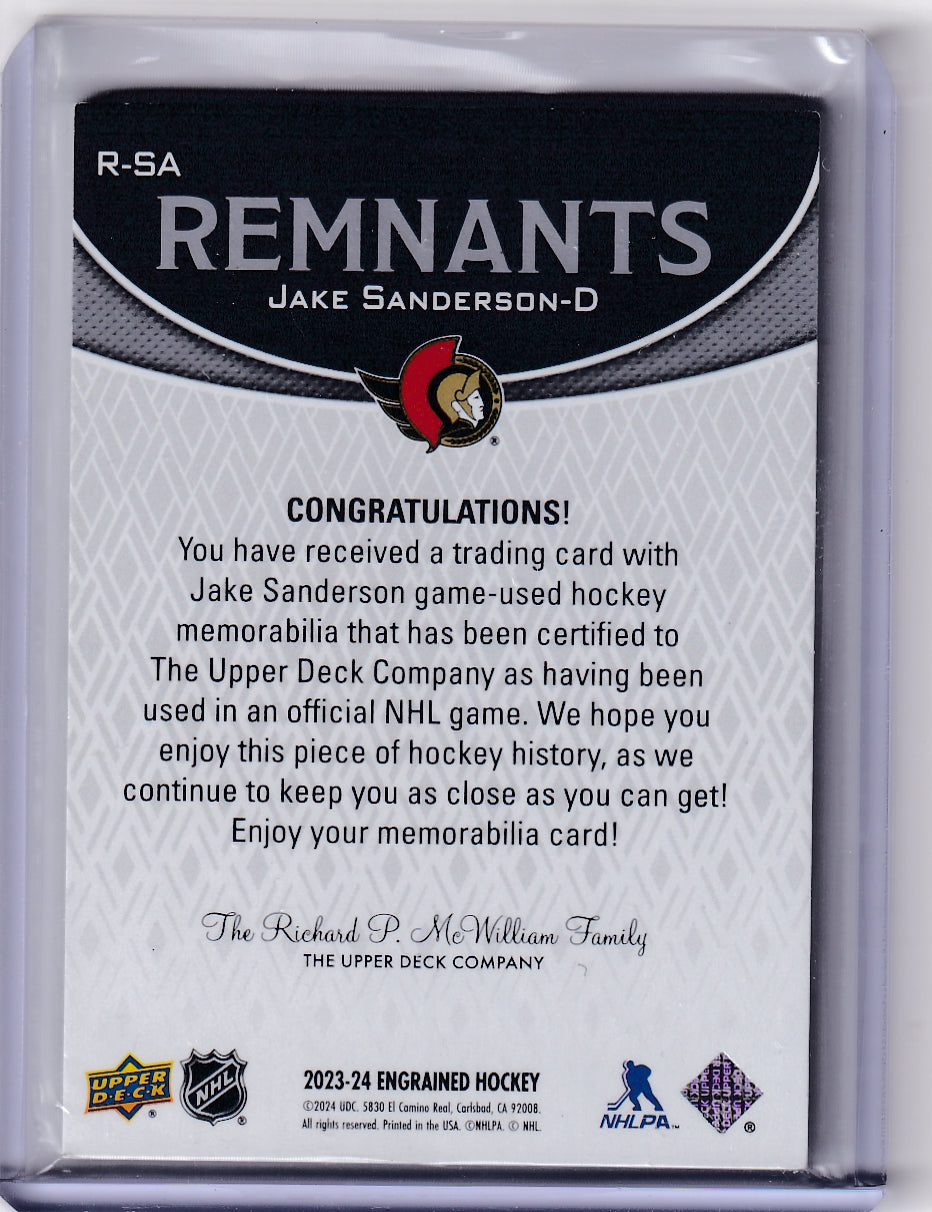 Jake Sanderson Remnants Stick R-SA 2023-24 Upper Deck Engrained Ottawa Senators