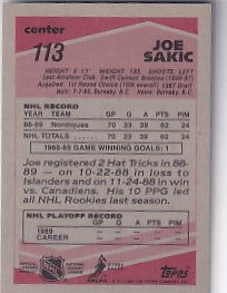 Joe Sakic Rookie Card RC Card #113 1989-90 Topps Quebec Nordiques