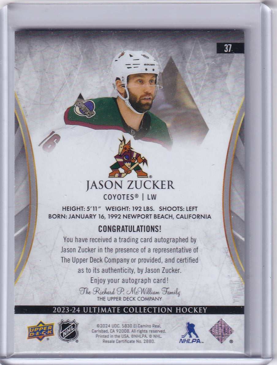 Jason Zucker Ultimate Base Auto Card #37 2023-24 Upper Deck Ultimate Collection Arizona Coyotes