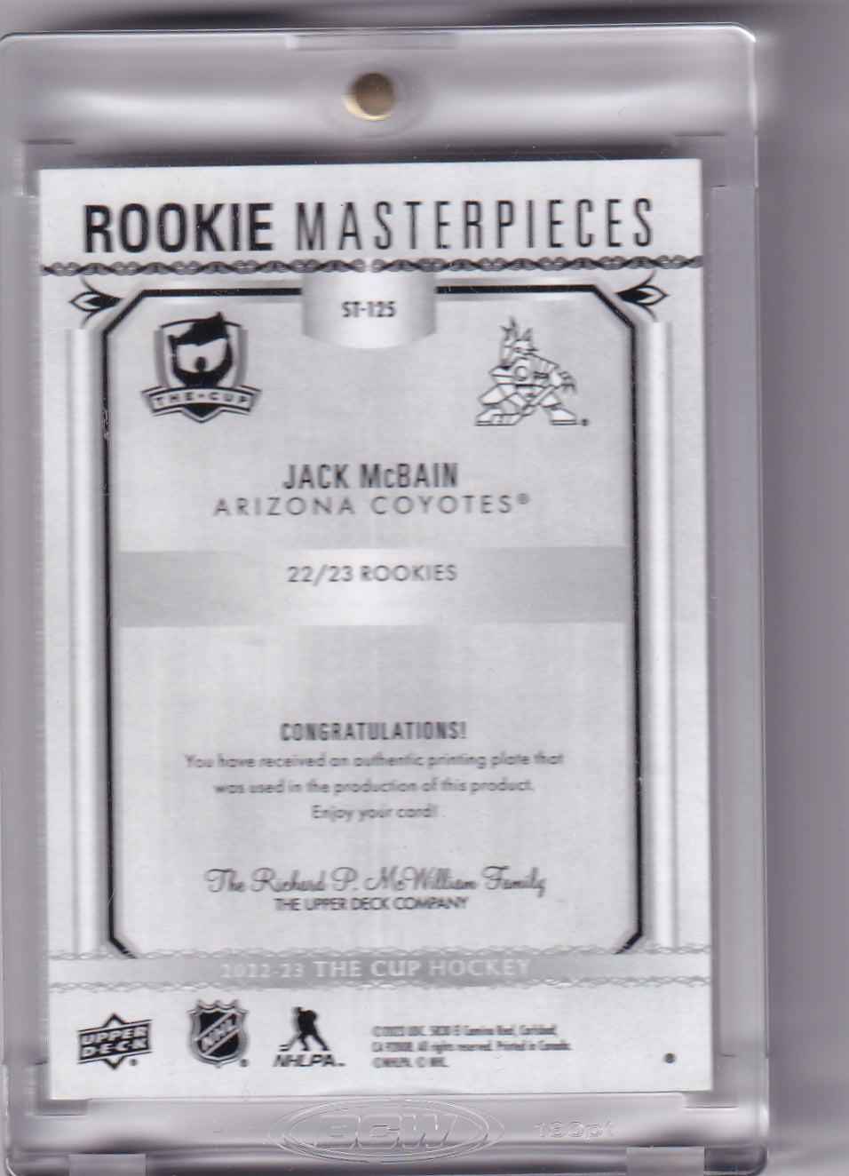 Jack McBain Rookie Masterpieces One of One Rookie Card RC #ST-125 2022-23 UD The Cup Arizona Coyotes