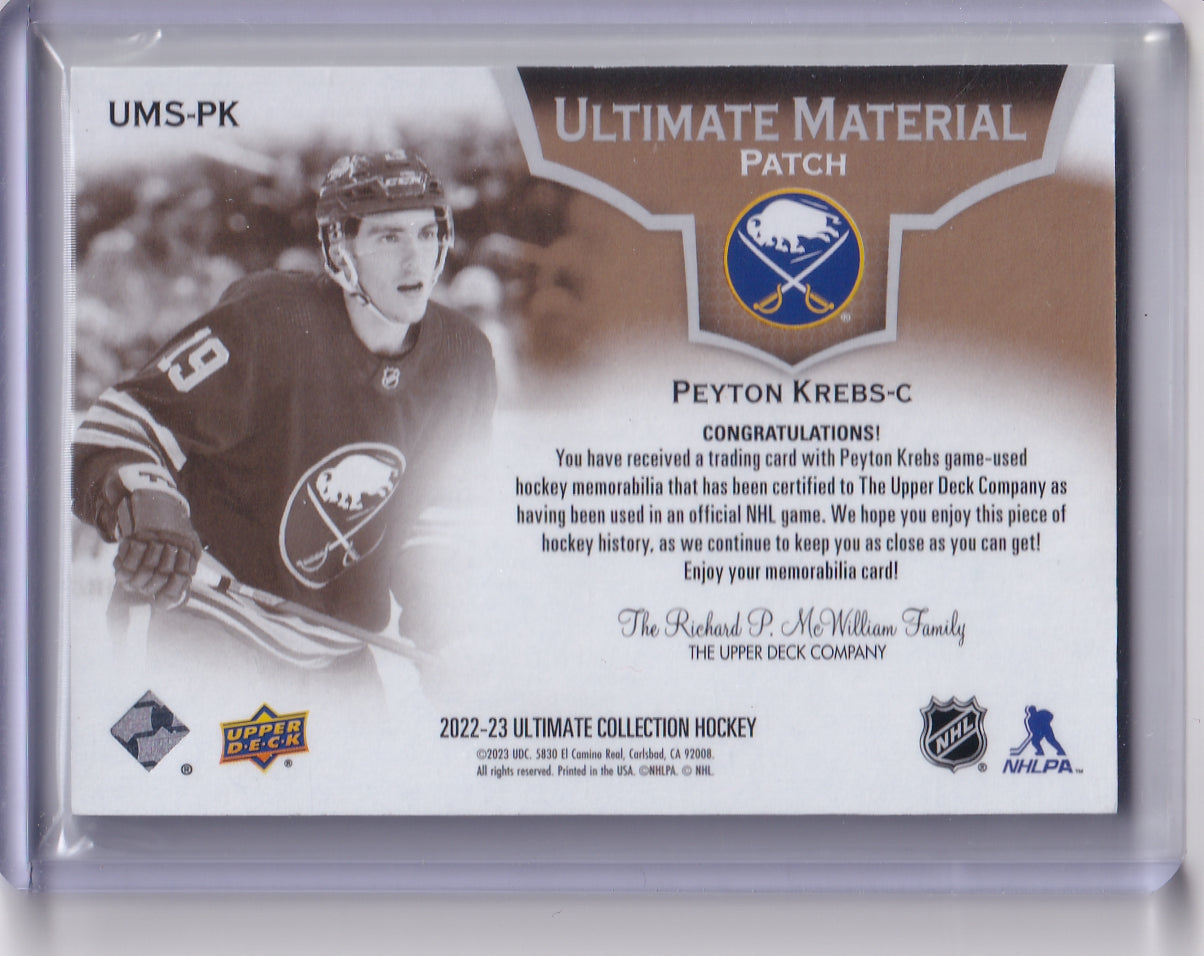 Peyton Krebs Ultimate Material Patch /35 UMS-PK 2022-23 Upper Deck Ultimate Collection Buffalo Sabres