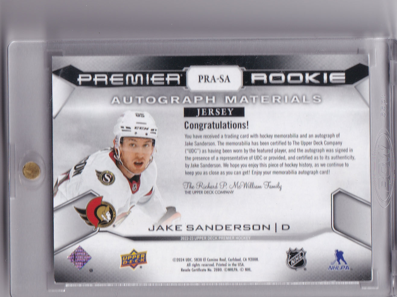 Jake Sanderson Premier Rookie Autograph Materials /25 PRA-SA 2022-23 Upper Deck Premier Rookie Card RC Ottawa Senators