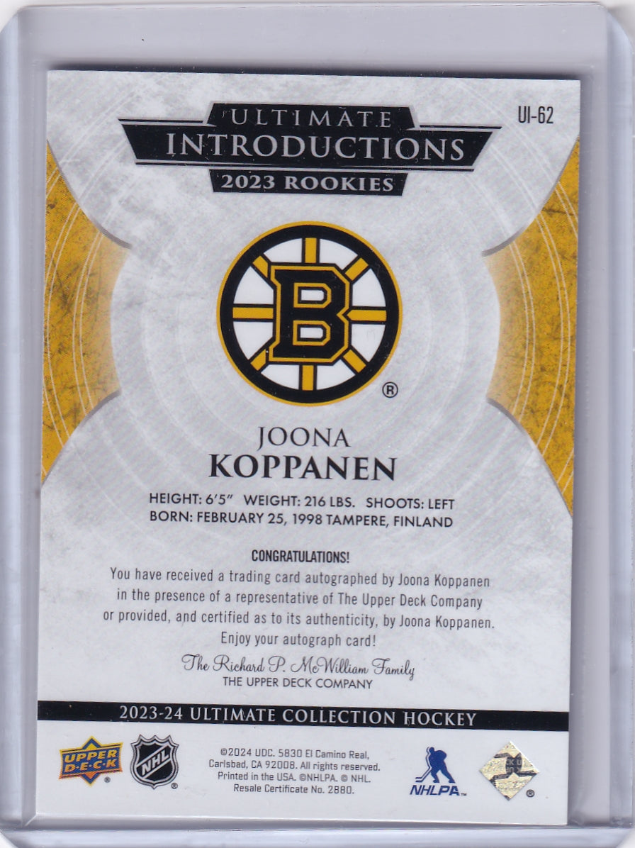 Joona Koppanen Ultimate Introductions Rookie Auto Card UI-62 2023-24 Upper Deck Ultimate Collection Rookie Card RC Boston Bruins