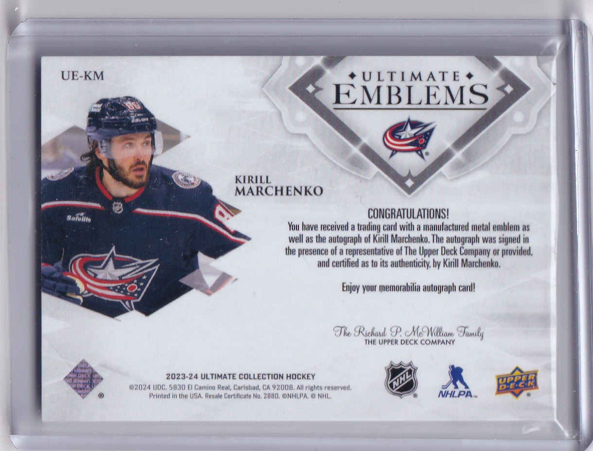 Kirill Marchenko Ultimate Emblems Auto Card UE-KM 2023-24 Upper Deck Ultimate Collection Columbus Blue Jackets