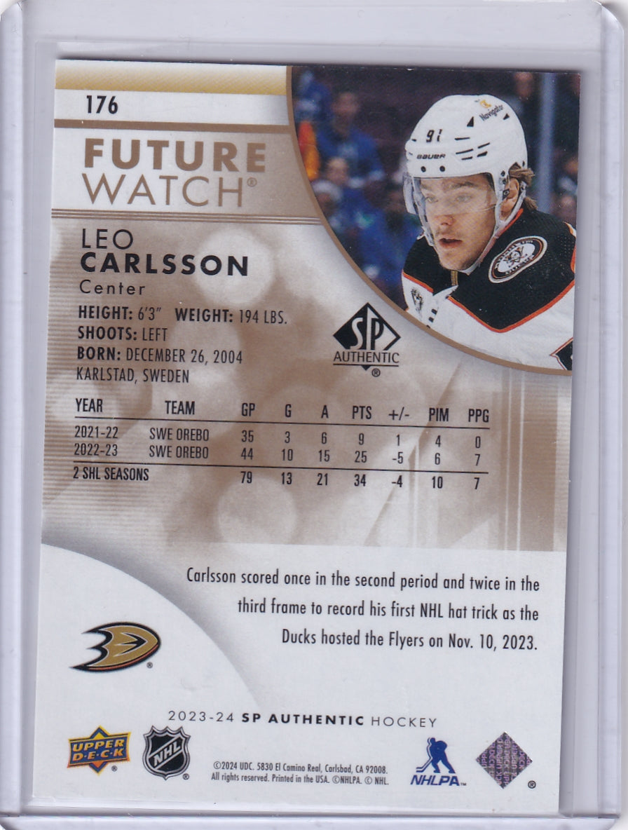 Leo Carlsson Future Watch Limited Gold /99 #176 2023-24 Upper Deck SP Authentic Rookie Card RC Anaheim Ducks