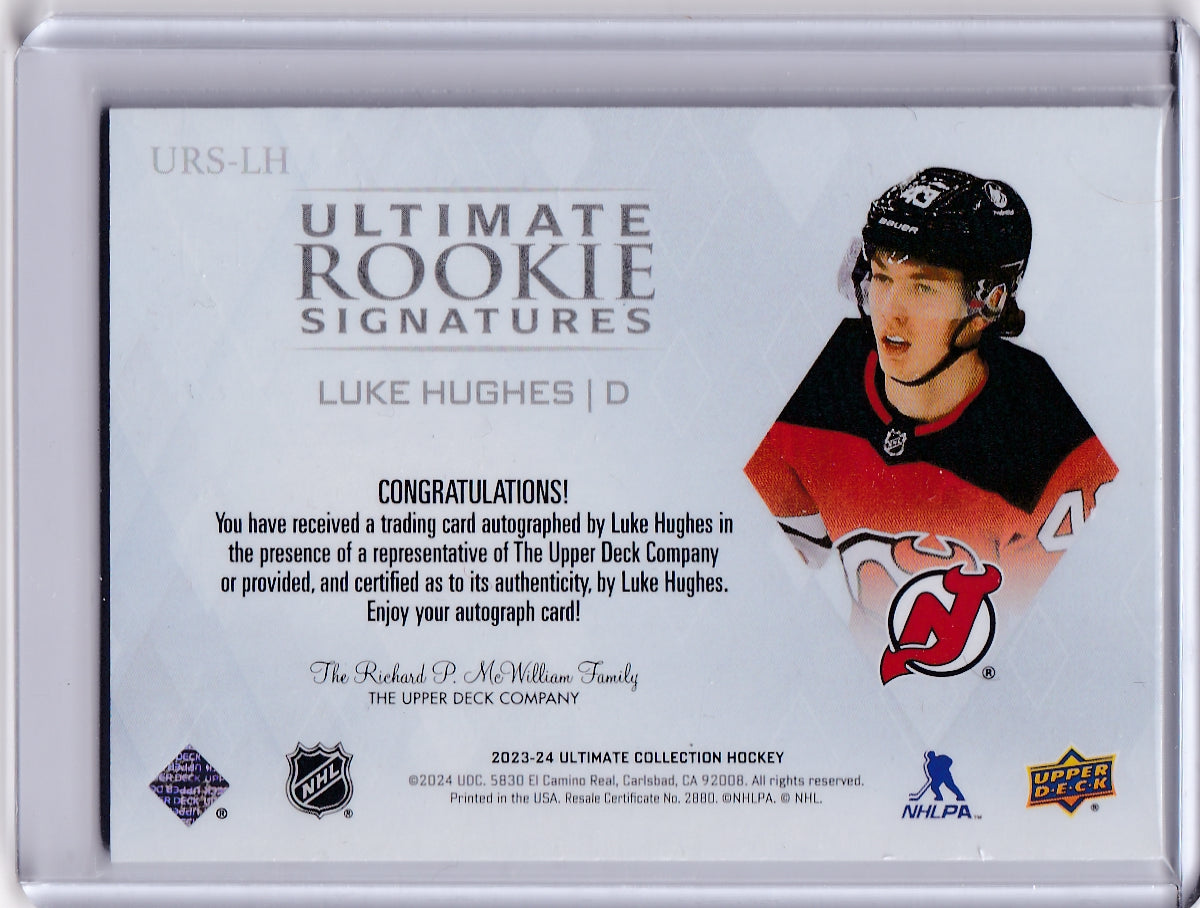 Luke Hughes Ultimate Rookie Signatures Auto Card URS-LH 2023-24 Upper Deck Ultimate Collection Rookie Card RC New Jersey Devils