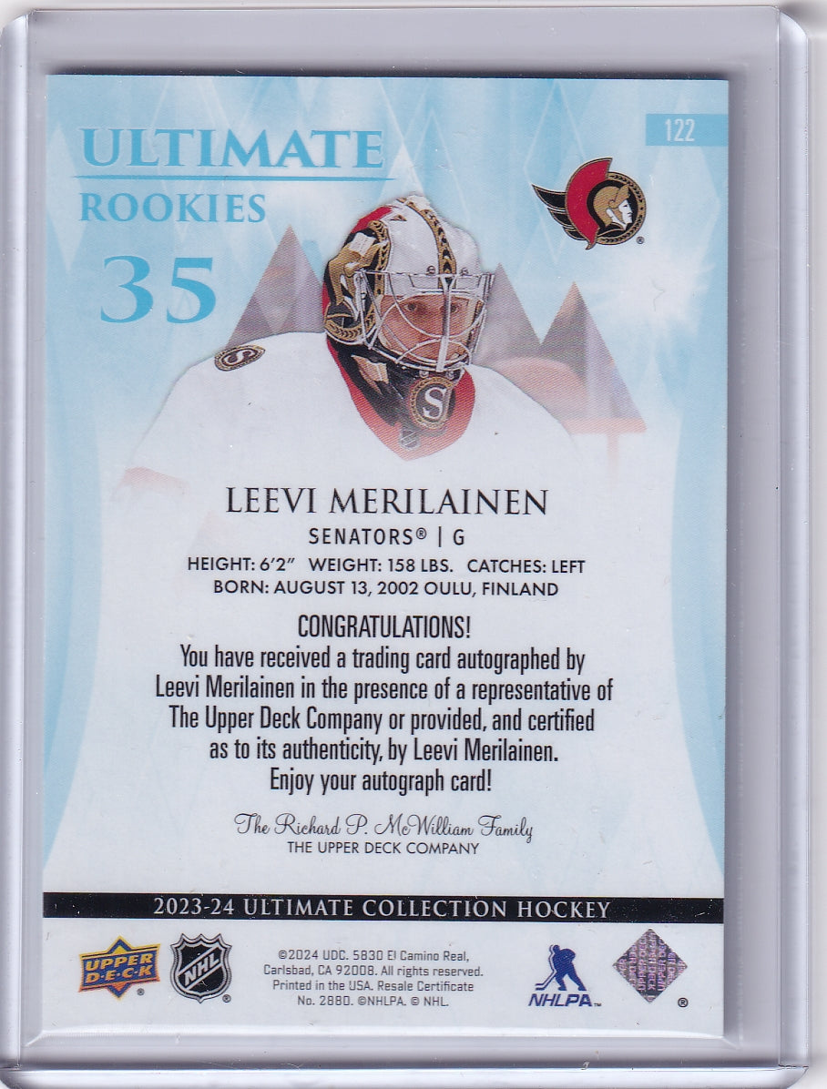 Leevi Merilainen Ultimate Rookies Auto Card /299 #122 2023-24 Upper Deck Ultimate Collection Rookie Card RC Ottawa Senators